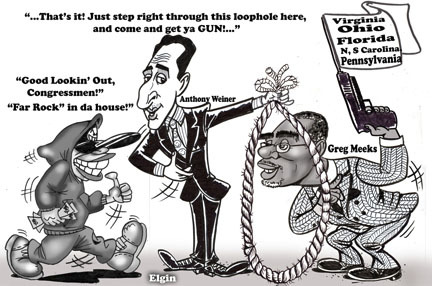 Cartoon: come and get ya gun!! (medium) by subwaysurfer tagged gun,laws,loopholes,cartoons,caricature,congressmen,anthoy,weiner,greg,meeks