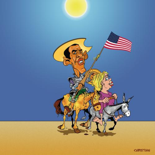Cartoon: en route ! (medium) by CHRISTIAN tagged obama,clinton,don,quichote