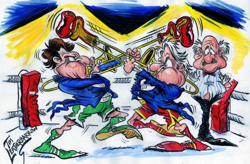 Cartoon: BATTLE OF THE BANDS (medium) by Tim Leatherbarrow tagged boxing,gloves,bands,music,trombones,brass,band,jazz,swing,punching,jabbing,tim,leatherbarrow