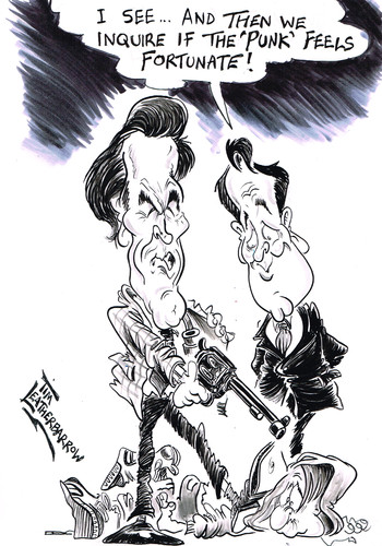 Cartoon: CAMERON AND EASTWOOD (medium) by Tim Leatherbarrow tagged david,cameron,clint,eastwood,dirty,harry,riots