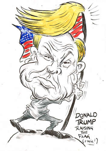 Cartoon: DONALD TRUMP RAISING HIS WIG! (medium) by Tim Leatherbarrow tagged donaldtrump,flag,starsandstripes,wig,president,usa,america