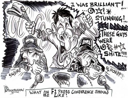 Cartoon: F1  PRESS CONFERENCE (medium) by Tim Leatherbarrow tagged formula,one,f1,motor,racing,winner,press,conference,interviewing,boring,exuberant,happy,losers,tim,leatherbarrow