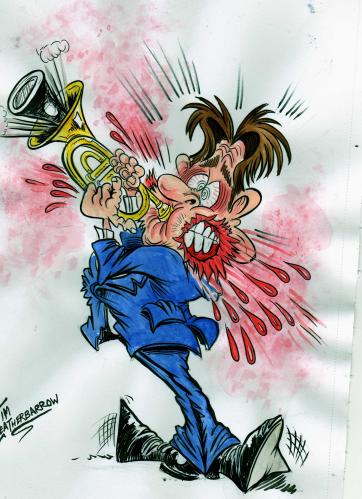 Cartoon: NEVER HAPPENED TO LOUIS ARMSTRON (medium) by Tim Leatherbarrow tagged trumpet,cheeks,blowing,playing,music,louis,armstrong,tim,leatherbarrow