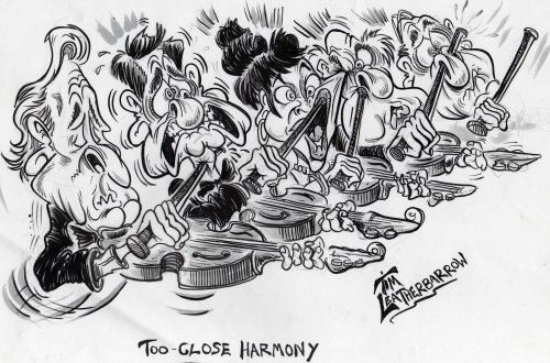 Cartoon: TOO CLOSE HARMONY (medium) by Tim Leatherbarrow tagged orchestra,music,musicians,violins,close,harmony,injury,injuries,tim,leatherbarrow