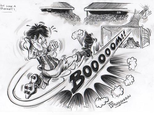 Cartoon: HIT LIKE A ROCKET (medium) by Tim Leatherbarrow tagged football,power,kick,goalnet,bursting