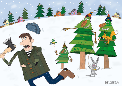 Cartoon: Lebende Bäume (medium) by Sergei Belozerov tagged baum,tannenbaum,wald,weihnachtsbaum,christmastree,forest,holz,holzhauer,axt,natur