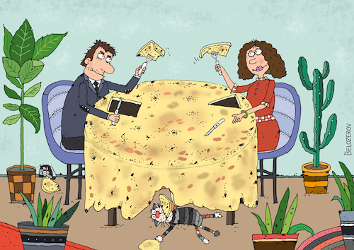 Cartoon: Plinse (medium) by Sergei Belozerov tagged plinse,pfannkuchen,plinz,blinsen,kuchen,tisch,tischdecke,table,tablecloth,pancake,essen,food