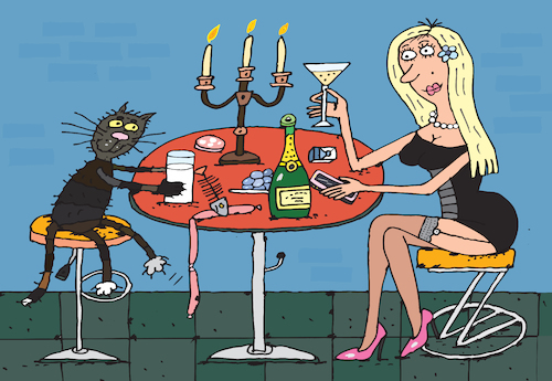 Cartoon: Cat and Girl (medium) by Sergei Belozerov tagged cat,kater,katze,girl,wiedersehen,party,romantic,love,liebe,cafe,coffee,sekt,restaurant
