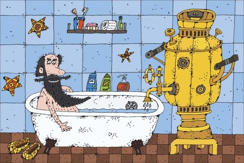 Cartoon: Russian bathroom (medium) by Sergei Belozerov tagged russia,samowar,badezimmer