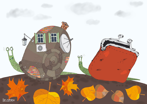 Cartoon: Schnecken (medium) by Sergei Belozerov tagged schnecke,snail,haus,immobilie,besitztum,grundbesitz,geldbeutel,immobilienkauf,eigenheim,wohnungskauf,immobilienkosten