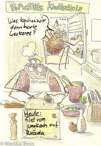 Cartoon: Kochschule (medium) by monika boos tagged kochen,spinnen,kochschule