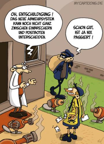 Cartoon: Abwehrfehler (medium) by mil tagged abwehrsystem,einbrecher,postbote,professor,fehler,technik,mil