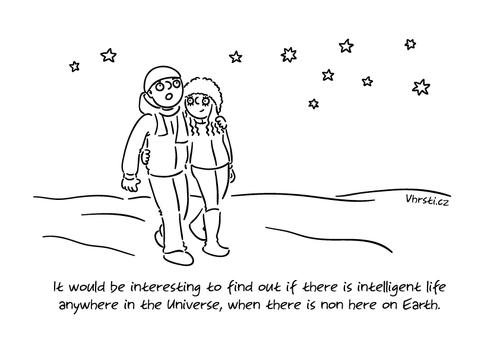 Cartoon: Intelligent Life (medium) by Vhrsti tagged life,intelligent,universe,philosophy,space,couple,winter,question,earth,civilization,human,being,ufo,alien