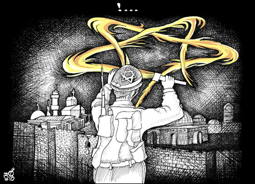 Cartoon: Fireworks over Jerusalem (medium) by samir alramahi tagged palestine,rights,home,israel,colonies,fireworks,jerusalem,ramahi,cartoon,arab