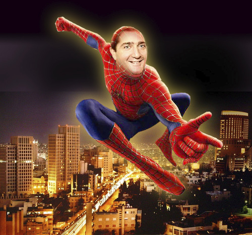 Cartoon: spider man over amman (medium) by samir alramahi tagged jordan,election,spider,amman,prime,minister,samir,rifai,ramahi,cartoon,collage,arab