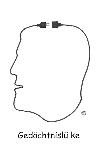 Cartoon: Gedächtnislü ke (medium) by Erwin Pischel tagged gedächtnislücke,gedächtnis,amnesie,gedächtnisverlust,gedächtnisstörung,gehirn,filmriss,blackout,schädelhirntrauma,gehirnerschütterung,epilepsie,meningitis,enzephalitis,steckverbindung,netzstecker,gerätestecker,reisestecker,adapter,steckdose,strom,spannung,elektrische,leitung,kabel,gesicht,gesichtsprofil,profil,pischel