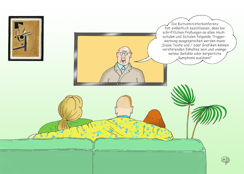 Cartoon: Triggerwarnung (medium) by Erwin Pischel tagged trigger,auslöser,triggerwarnung,warnung,tw,inhalt,inhaltshinweis,hinweis,auslöserreiz,reiz,traumatheorie,gefühle,symptome,unangenehm,körperlich,text,grafik,graphik,content,note,cn,flashback,warnhinweis,wokeness,woke,vorsicht,sensibilität,empfindlichkeit,schule,hochschule,universität,prüfung,schriftlich,kultusminister,kultusministerkonferenz,erlass,bestimmung,empfehlung,prüfungsaufgabe,psyche,psychologie,angst,schrecken,prüfungsangst,panik,absicherung,pischel