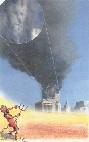 Cartoon: Twin Tower Devil (medium) by Erwin Pischel tagged twin,tower,devil,teufel,attentat,assassination,rauch,smoke,pischel