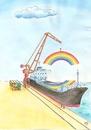 Cartoon: Regenbogen-Schiff (small) by Erwin Pischel tagged regenbogen,schiff,container,hafen,kran,verladen,industriehafen,rainbow,ship,harbour,pischel