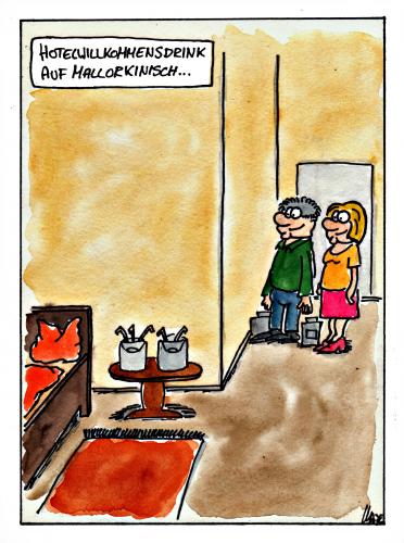 Cartoon: Hotelwillkommensdrink (medium) by spass-beiseite tagged hotel,drink,rezeption,zimmer,lounge,trinken,getränk,mallorka,beiseite,spass,unterhaltung,panel,fun,illustration,design,pointe,kunst,comicstrips,comictagebuch,tagebuch,comic,cartoons,cartoon,witz,bildwitz