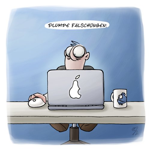 Cartoon: LACHHAFT Cartoon No. 253 (medium) by LACHHAFT tagged computer,apple,macbook,pro,mbp,powerbook,apfel,birne,logo,fäschung,plagiat,büro,piranha,tasse,