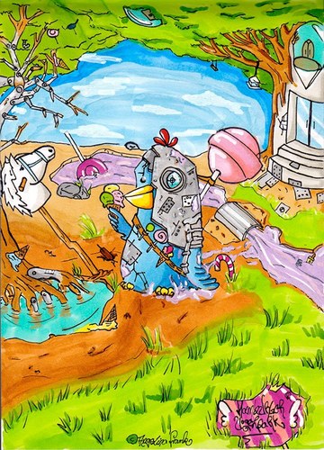 Cartoon: Cyborg Fatbird (medium) by The Fatbird Conspiracy tagged baum,bubblegum,landscape,tree,candy,bird,vogel,fatbird,cyborg