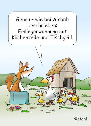 Cartoon: Airbnb in Essen (medium) by wista tagged airbnb,wohnung,einliegerwohnung,mieten,suchen,tiere,haustiere,fuchs,hühner,essen,trinken,ausstattung,apartment,appartement,angebote,ferienwohnung,fewo,mieter,vermieter,ferienhaus,privat,hühnerstall,airbnb,wohnung,einliegerwohnung,mieten,suchen,tiere,haustiere,fuchs,hühner,essen,trinken,ausstattung,apartment,appartement,angebote,ferienwohnung,fewo,mieter,vermieter,ferienhaus,privat,hühnerstall