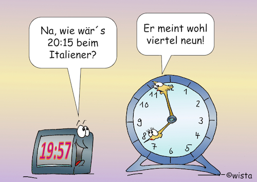 Cartoon: Digital-analog (medium) by wista tagged digital,analog,zeit,uhr,uhrzeit,alt,neu,konservativ,progressiv,verabredung,digital,analog,zeit,uhr,uhrzeit,alt,neu,konservativ,progressiv,verabredung