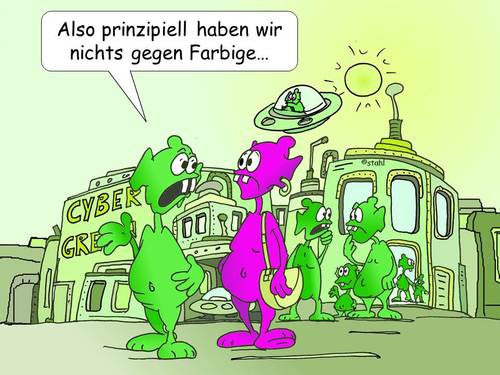 Cartoon: Hautfarben (medium) by wista tagged farbige,weisse,schwarze,neger,aliens,fremde,hautfarbe,grün,grüne,männchen,rasse,rassen,diskriminierung,rassendiskriminierung,hass,rassenhass,freund,verständigung,ausgleich,völker,länder,verständnis,usa,europa,welt,weltraum,all