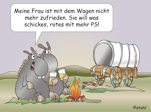 Cartoon: Neuwagen (medium) by wista tagged neuwagen,auto,neu,kaufen,frau,ehefrau,farbe,rot,sportwagen,schnell,ps,schick,design,preis,neupreis,händler,pferd,pferdewagen,lagerfeuer,freund,neuwagen,auto,neu,kaufen,frau,ehefrau,farbe,rot,sportwagen,schnell,ps,schick,design,preis,neupreis,händler,pferd,pferdewagen,lagerfeuer,freund