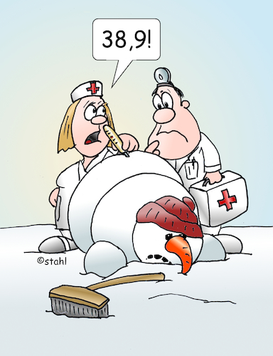 Cartoon: Schneemannfieber (medium) by wista tagged schneemann,schneemänner,schnee,fieber,krank,arzt,ärzte,krankenschwester,thermomether,temperatur,erhöht,krankheit,husten,erkältung,heiser,erkältet,krankenhaus,notarzt,sanitäter