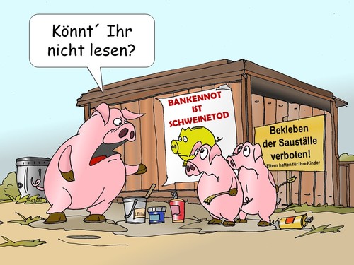 Cartoon: Schweinestall (medium) by wista tagged schwein,schweine,schweinestall,betreten,baustelle,verboten,plakate,sparschwein,bank,banken,bankrott,not,schulden,kunden,ferkel,verbot