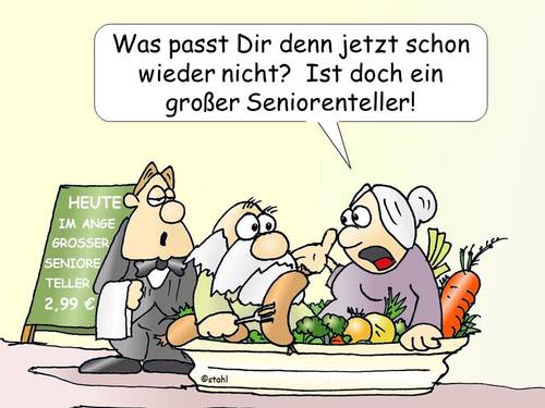 Cartoon: Seniorenteller (medium) by wista tagged seniorenteller,essen,trinken,oma,opa,senioren,alte,menschen,restaurant,gasthaus,wirtshaus,kinderteller,angebot,speise,speisen,speisekarte,menu,fleisch,wurst,kartoffeln,gemüse,kellner,wein,bier,wasser,tafel