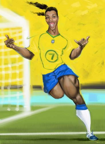 Cartoon: Ronaldinho Goucho (medium) by Ausgezeichnet tagged portrait,football,soccer,big,thighs,teeth,caricature,yellow,