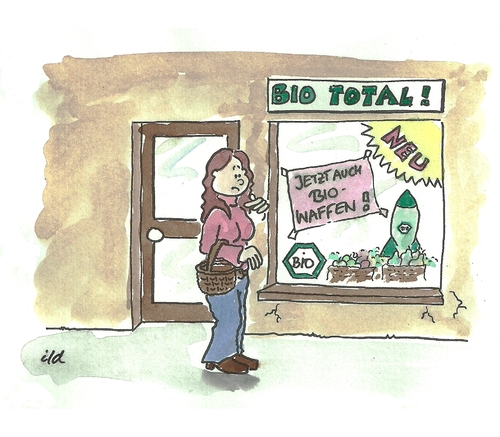 Cartoon: Bio total (medium) by achecht tagged bio,biosiegel,bioladen,einkauf,kaufen,shpooing,biowaffe,biowaffen,waffe,öko,bio,biosiegel,bioladen,einkauf,kaufen,shopping,biowaffe,biowaffen,waffe,öko,ernährung,gesundheit,krieg,gewalt,militär