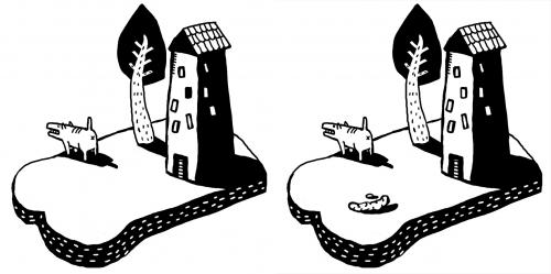 Cartoon: world with_without shit (medium) by Holger Herrmann tagged dog,hund,tree,baum,haus,shit,brot,bread,holger,herrmann,,hund,baum,haus,kot,haufen,scheisse,brot,toast,suchbild,welt,böse,schlecht,gut,fehler,unterschied