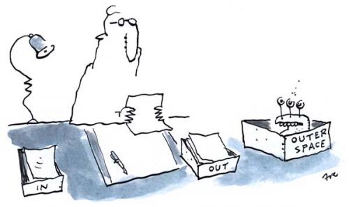 Cartoon: in-out (medium) by ari tagged weltall,büro,mann,space,bureau,man,fiction,wirtschaft,arbeitsplatz,alien,schreibtisch,ordnung