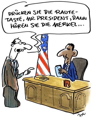 Cartoon: Taste (medium) by ari tagged obama,merkel,raute,nsa,handy,mobile,abgehört