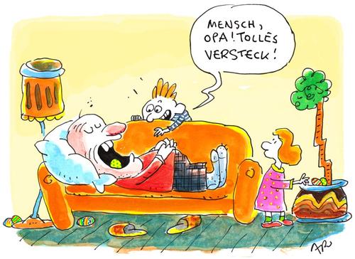 Cartoon: Versteck (medium) by ari tagged opa,ostern,ei,eier,osterei,versteck,kind,familie,grossvater