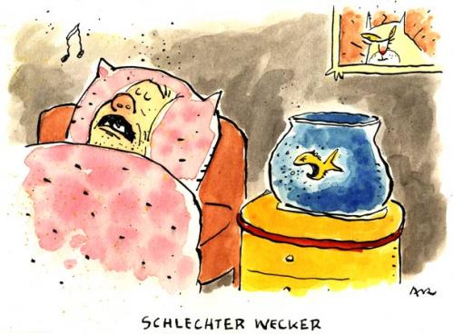 Cartoon: Wecker (medium) by ari tagged schlaf,blub,bett,traum,wecker,fisch,haustier,nacht,ruhe,erwachen