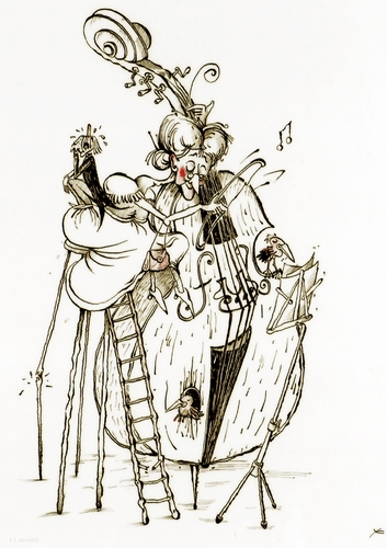 Cartoon: her night music (medium) by arnold tagged musik,black,white,humor,schwarzer,funny,seltsam,skuril