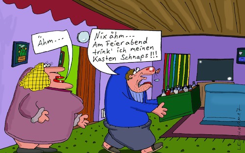 Cartoon: Ähm ... (medium) by Leichnam tagged ähm,trinker,schnaps,säufer,kasten,feierabend,ehe,leichnam,leichnamcartoon,fernsehabend