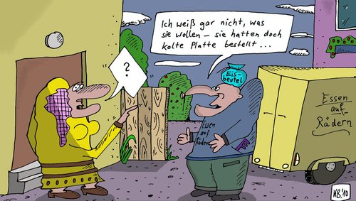 Cartoon: Anlieferung (medium) by Leichnam tagged anlieferung,kalt,platte,essen,nahrung,transport,bestellung,räder