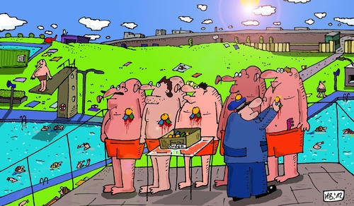 Cartoon: Auszeichnung (medium) by Leichnam tagged auszeichnung,orden,rettungsschwimmer,anerkennung,gute,leistungen,freibad,sommer,sonne,urlaub,wasser,blech,offiziell