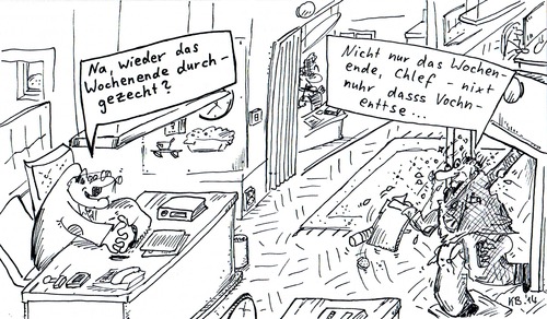 Cartoon: Büro Büro ... (medium) by Leichnam tagged büro,wochenende,durchgezecht,besoffen,betrunken,chef,alkohol
