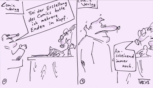 Cartoon: Comic-Verlag (medium) by Leichnam tagged comic,verlag,erstellung,künstler,zeichner,vorstellung,mehrere,enden,enten,chef,boss,immer,noch,begutachtung,skeptisch