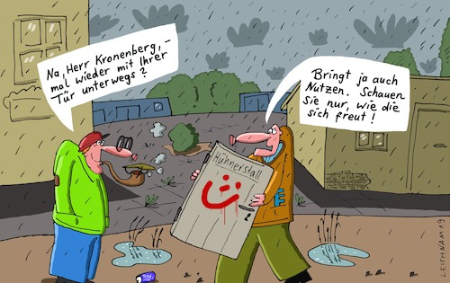 Cartoon: Draußen (medium) by Leichnam tagged draußen,tür,unterwegs,regen,freude,gesicht,nutzen,leichnam,leichnamcartoon