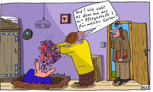 Cartoon: DREI (medium) by Leichnam tagged drei,pflegestufe,krankenkasse,horst,nest,gatte,fütterung,innereien,fleisch,blut