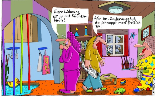 Cartoon: entzückt (medium) by Leichnam tagged entzückt,küche,küchenteich,wohnung,sonderangebot,schnäppchen,leichnam,leichnamcartoon