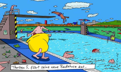 Cartoon: Freibad (medium) by Leichnam tagged plantschen,freibad,badehose,sommer,sonne,hitze,schwimmen,ausführen,vorzeigen,stolz,neu,thorben